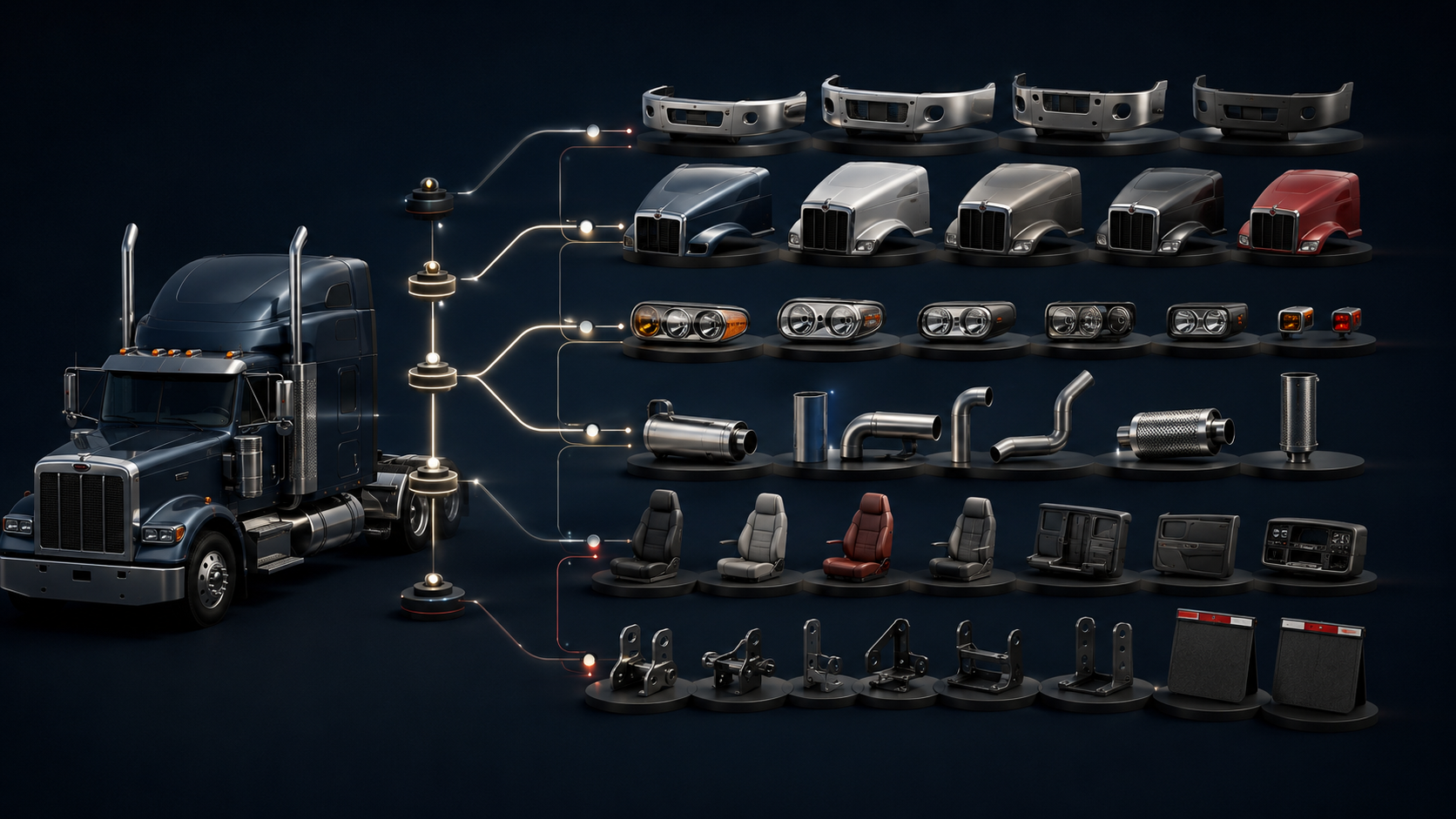Conceptual semi-truck parts taxonomy showing organized product families and relationships